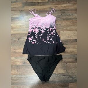 Women’s Pink Floral Ombre Tankini with Black Bottoms